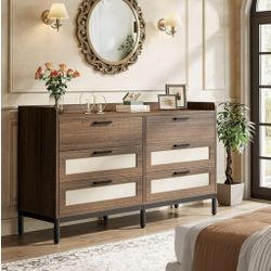 new assembled 55" 6-Drawer Rustic Dresser, Mid-Century Wood Storage Organizer for Bedrooms