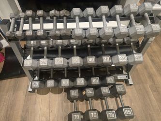 990 lb dumbell set with  3 tiers  rack