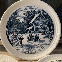 3 Collectible Vintage ROYAL CHINA Blue Currier & Ives Scenic Plates