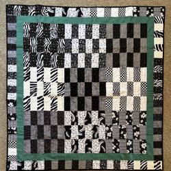 Handmade Quilt Black, White and Teal 43x44”