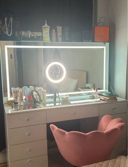 White Vanity Desk with LED Mirror and pink chair