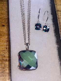 Mystic Topaz Sterling Silver Jewelry Set - Cushion Cut 18" Necklace & Earrings