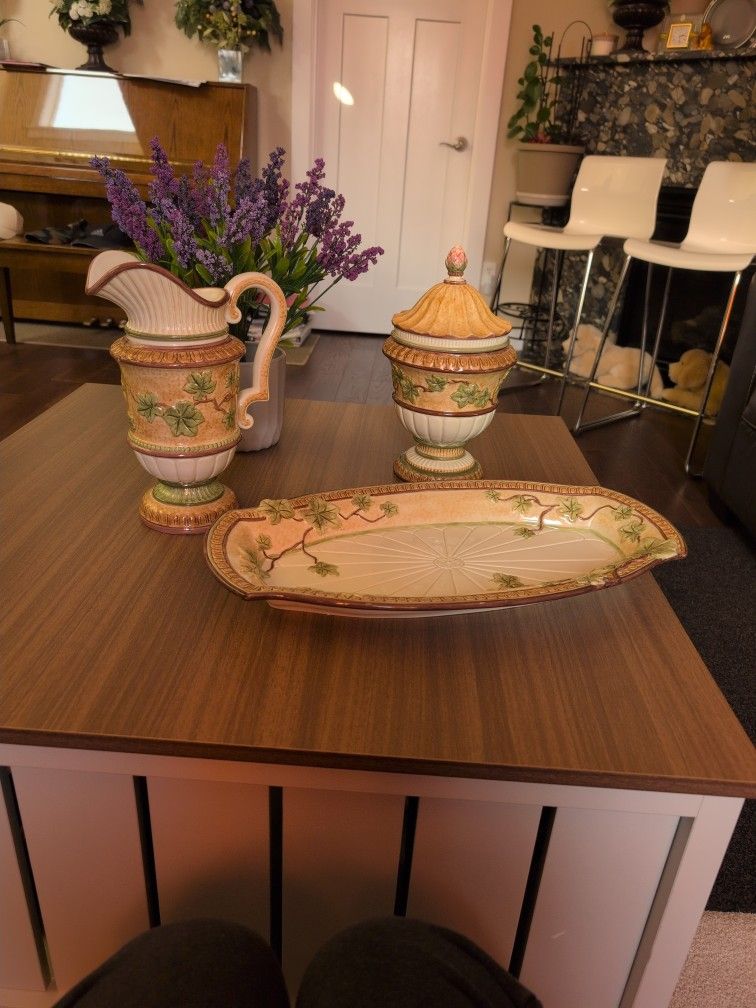 Vintage Fitz and Floyd Classics china; Serving Platter, Pitcher, And Jar With Lid.(3 Piece Set)