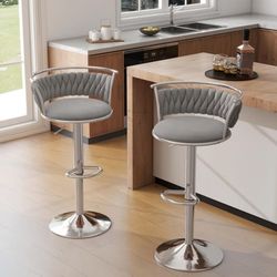 UIXE 360° Swivel Bar Stools Set of 2, Modern Adjustable Counter Height Velvet Bar Chair Silver Metal Stool, Comfy Kitchen Island Dining Chairs with Wo