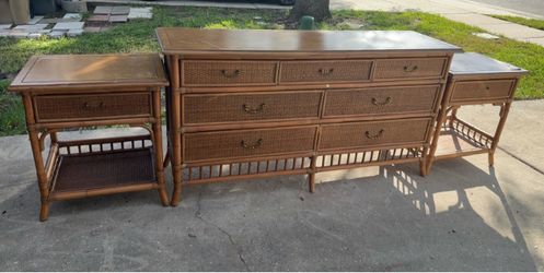 Rattan Bamboo Dresser and Nightstand Set