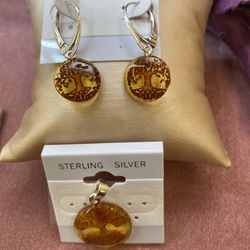 Set Of Amber Earrings & Pendant, Tree Of Life, Sterling Silver, $58