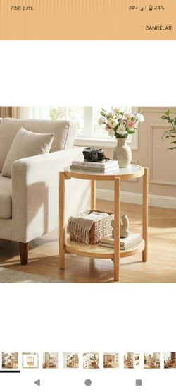 Round Wood Side Table with Rattan Shelf