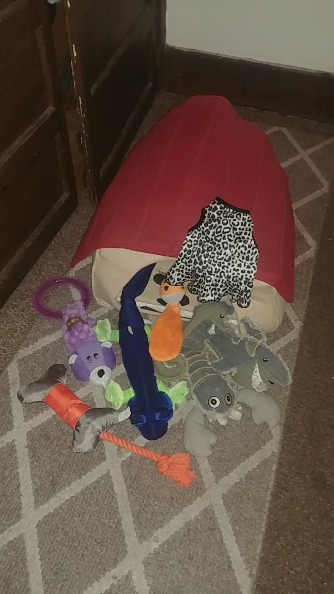 Soft dog house and various toys