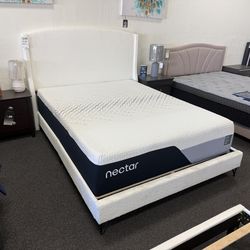 Queen bed frame platform style in white Boucle fabric modern style