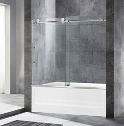 MBSDC6062-BN, Frameless Bathtub Shower Doors 56-60"Width x 62"Height with 3/8"(10mm) Clear TemperedGlass in Brushed Nickel Finish
