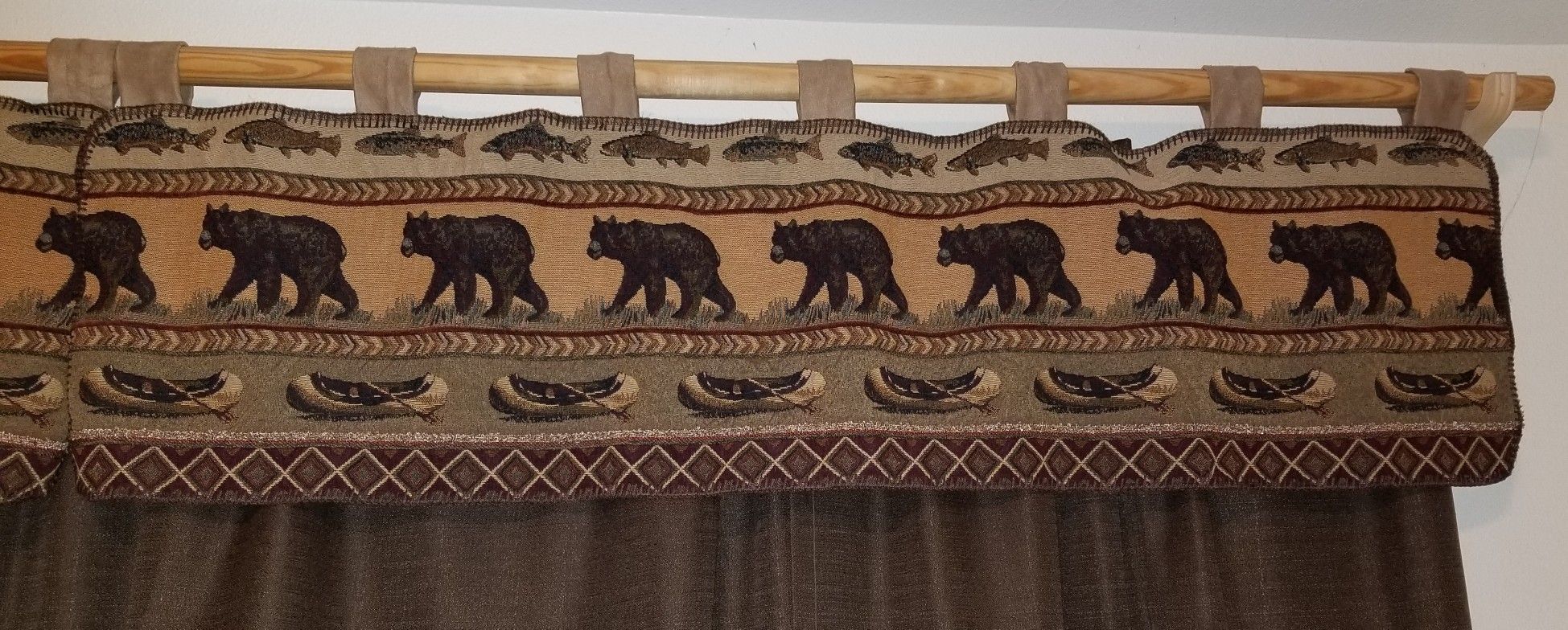 Calebelas window curtain valance rustic lodge log cabin bear fish fishing canoe