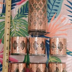 Christmas 22 KT Gold 7 Piece Set Vintage Culver’s VALENCIA Gold Green Bar Drinking Glasses Set of 6 Glasses with Mixing Pitcher. See our other great v