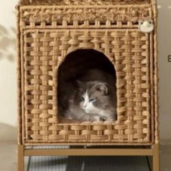 Kureeise Cat Litter Box Enclosure Rattan Cat House w Metal Feet-Litter Mat Included