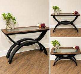 Elegant Glass Top Console Table – Curved Black Base & Wood Trim