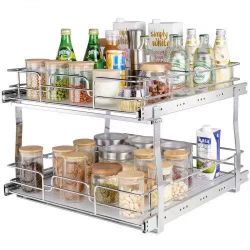2 Tier 20"Wx21"Dx15"H Pull Out Cabinet Organizer, Heavy Duty Slide Out Pantry Shelves, Steel Roll Out Drawers, Sliding Drawer Storage for Home, 21.5"W