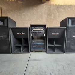 DJ System QSC Amps, 18" Subs, Dual 15" Speakers, EQ, X-Over