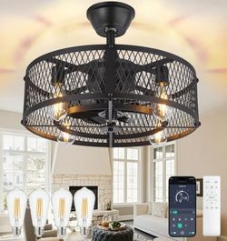 DLLT 20in Caged Ceiling Fan Black With Lights N Remote 6speed Reverse Timer Open Box New 
