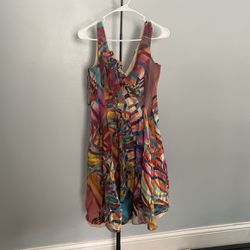 Geometric Rainbow Dress With Flower Detail And Zipper Back 