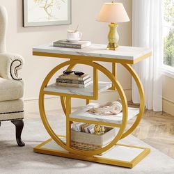 Marble End Table Narrow Side Table w/ Storage Shelves