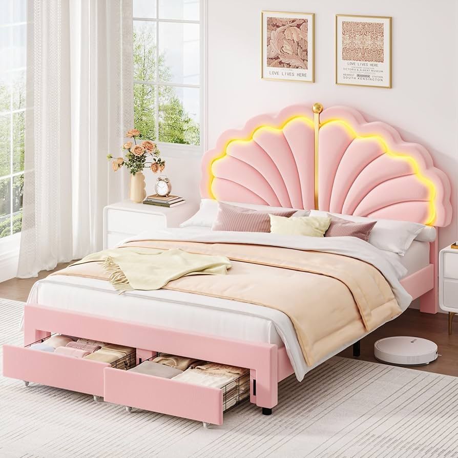 Full Upholstered LED Bed Frame with Storage Drawers, Velvet Princess Platform Bed with Adjustable Modern Shell Headboard, No Box Spring Needed, Noise-