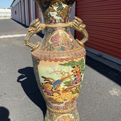 Large Asian Porcelain Floor Vase w/ Gold Handles, Floral & Bird Design