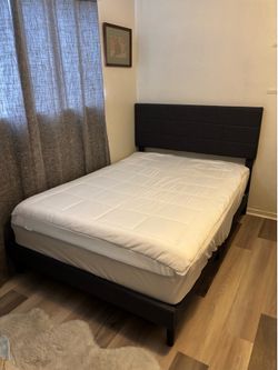 Full size bed frame, mattress, and mattress topper