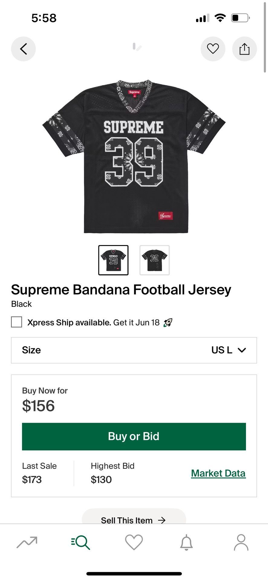 Supreme Bandana Football Jersey Blk Large