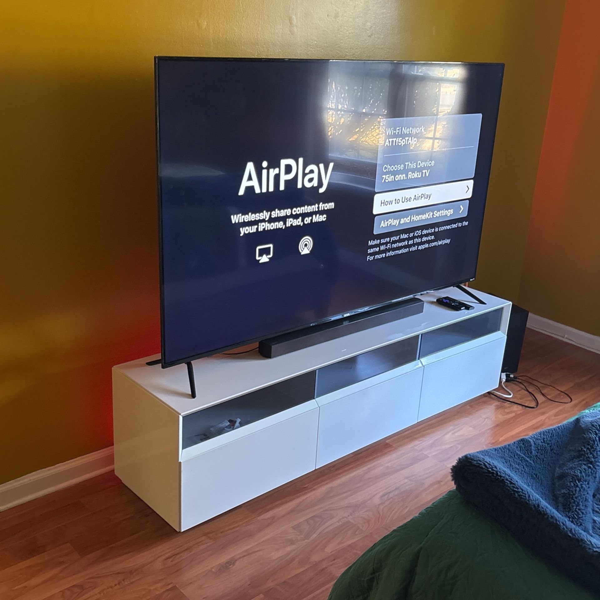 75” Roku TV With Samsung Sound Bar Subwoofer With Media Console