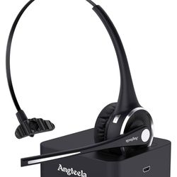 Trucker Bluetooth Angteela Headset with Microphone, Wireless Cell Phone Headset with Noise Canceling Mic Charging Base Mute Function for Home Office C