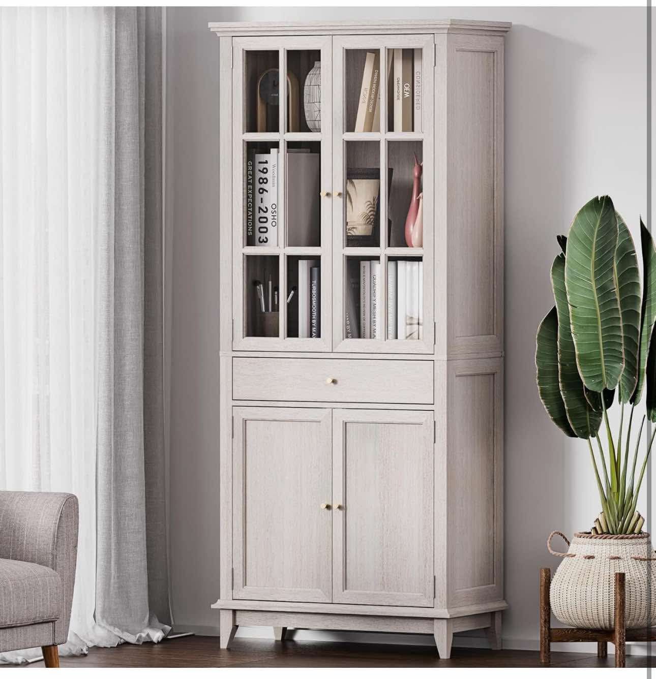 SunsGrove 72.8" White Oak Bookcase with Glass Doors & Drawer T-11