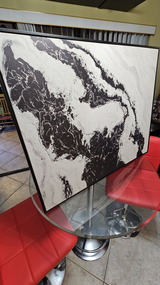 NEW Threshold Modern Wall Art Canvas, Abstract 30"x24" Marbled Black/White Decor