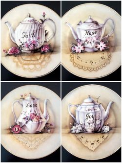 Set of 4 – CMG 2001 Decorative Teapot Plate Set - Faith Hope Love Joy- p/u near Gilbert High School