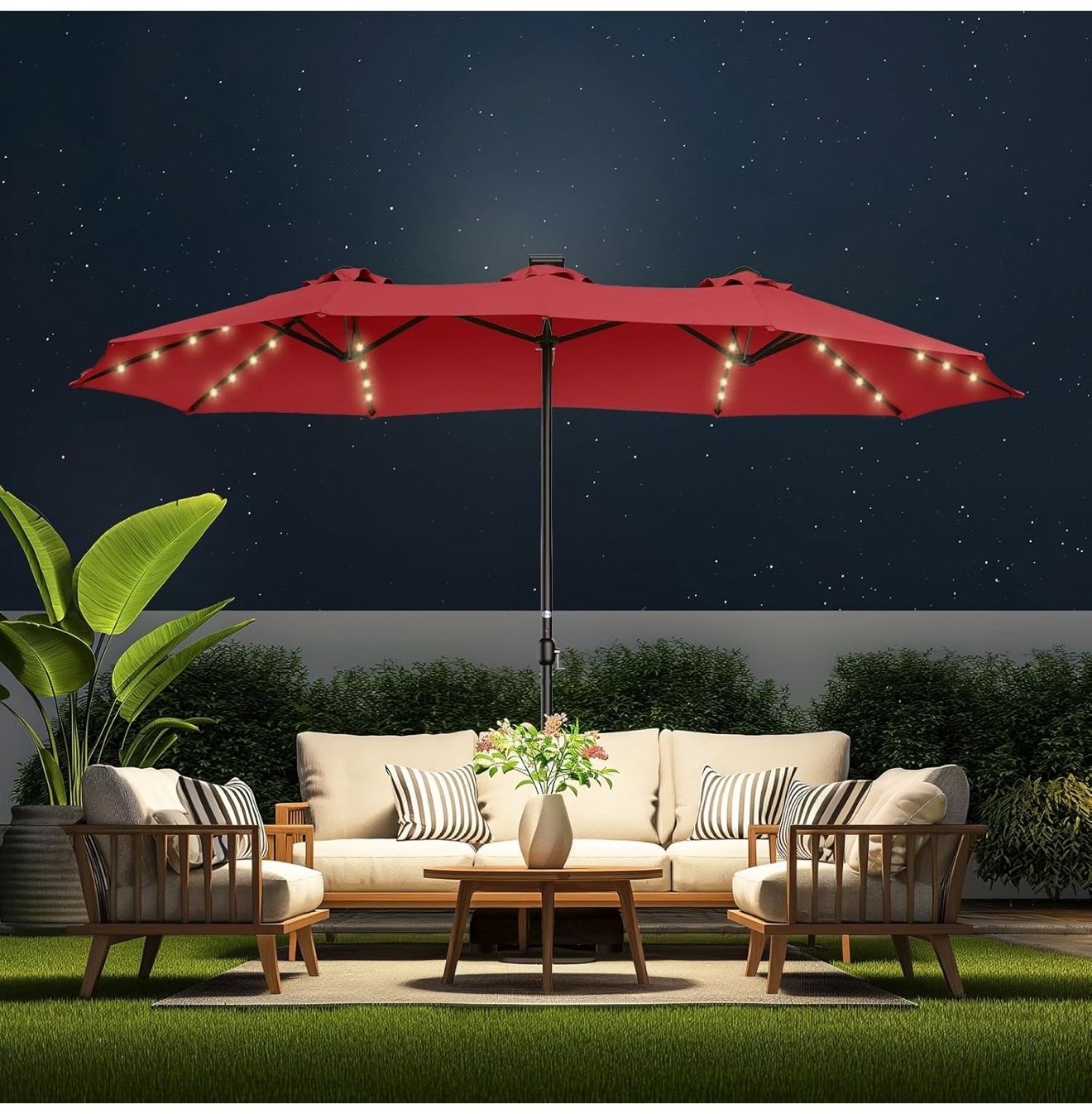 12 foot patio umbrella with solar lights 10/11/12ft LED Round Cantilever Energy efficient and long life bullet shaped impact resistant globes Sunbrella Patio Umbrella TAUS 13ft