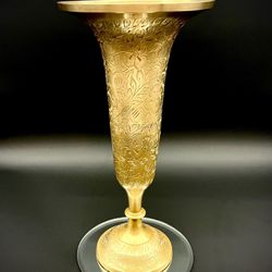Vintage Floral Etched Brass Vase 