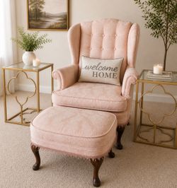 ✨ Romantic Blush Accent Chair + Ottoman and side tables