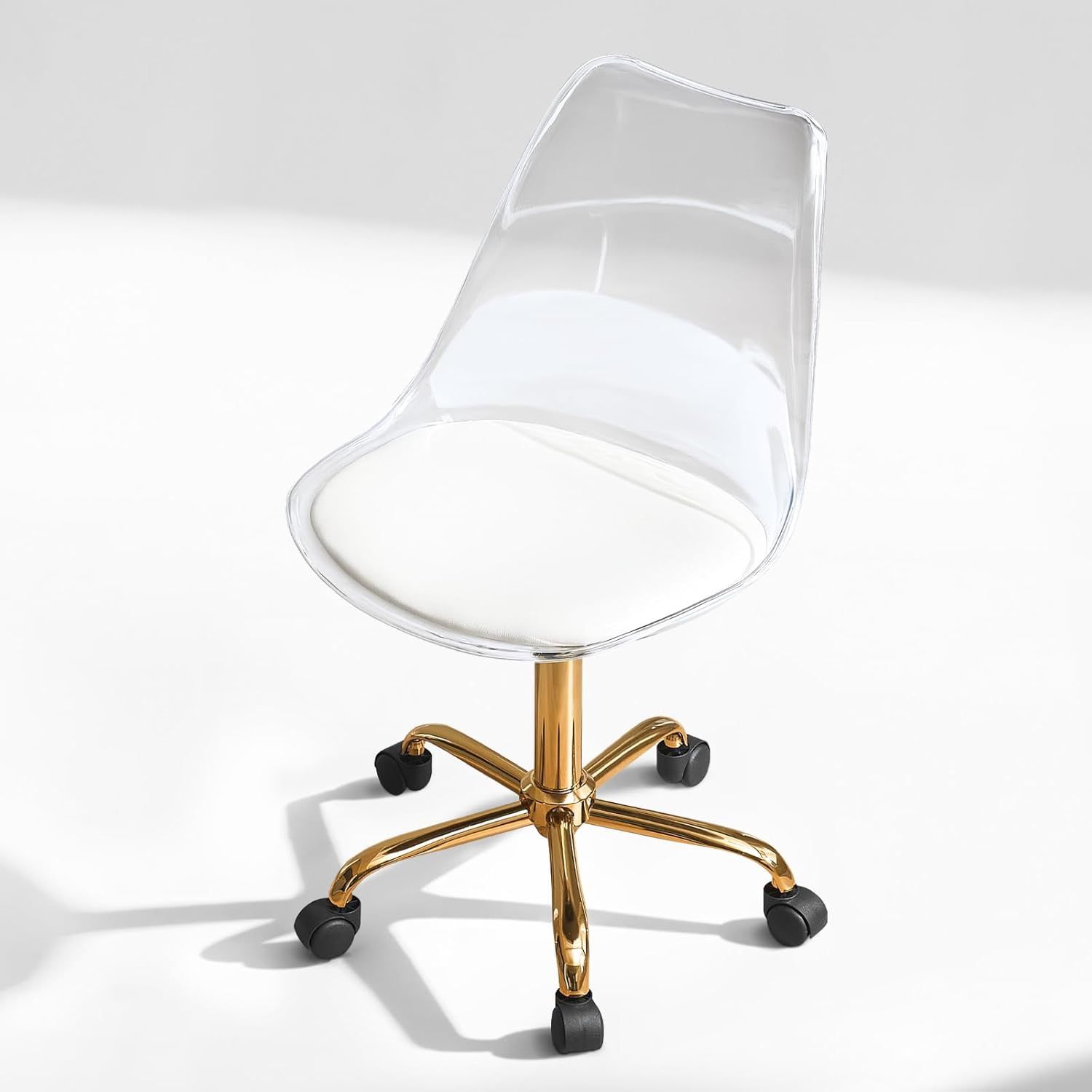 Clear Acrylic Desk Chair with Faux Leather Cushion, Adjustable Home Office Chair with Wheels, Rolling Armless Vanity Chair for Office, Home, Makeup