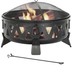 29.9 In. Outdoor Wood Burning Fire Pit Round Deep Bowl Fire Pit with Spark Screen Cover and Poker for Backyard Garden