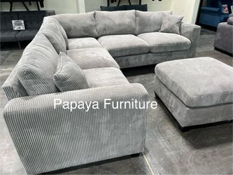 New Plush Light Grey Sectional Sofa And Ottoman, Sectionals, Sofa, Couch, Plush Sectional, Living Room Sofa, Sectionals, L-Shaped Couch,Corduroy Couch