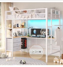 White Metal Loft Bed with Desk and Storage