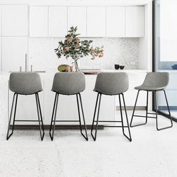 24"H Modern Faux Leather Bar Stools, Gray (Set of 4)
