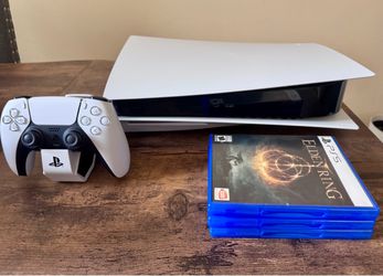 PS5 Disc 825GB + 6 Games + Charging Dock – Like New
