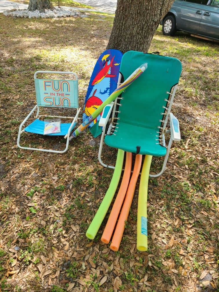 TWO CHAIRS / NEW UMBRELLA / NEW BEACH BALL / KIDS BODY BOARD / NOODLES - FOR BEACH OR POOL - ONLY $25