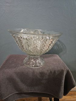 Vintage Glass Punch Bowl Set with 12 Cups and Pedestal