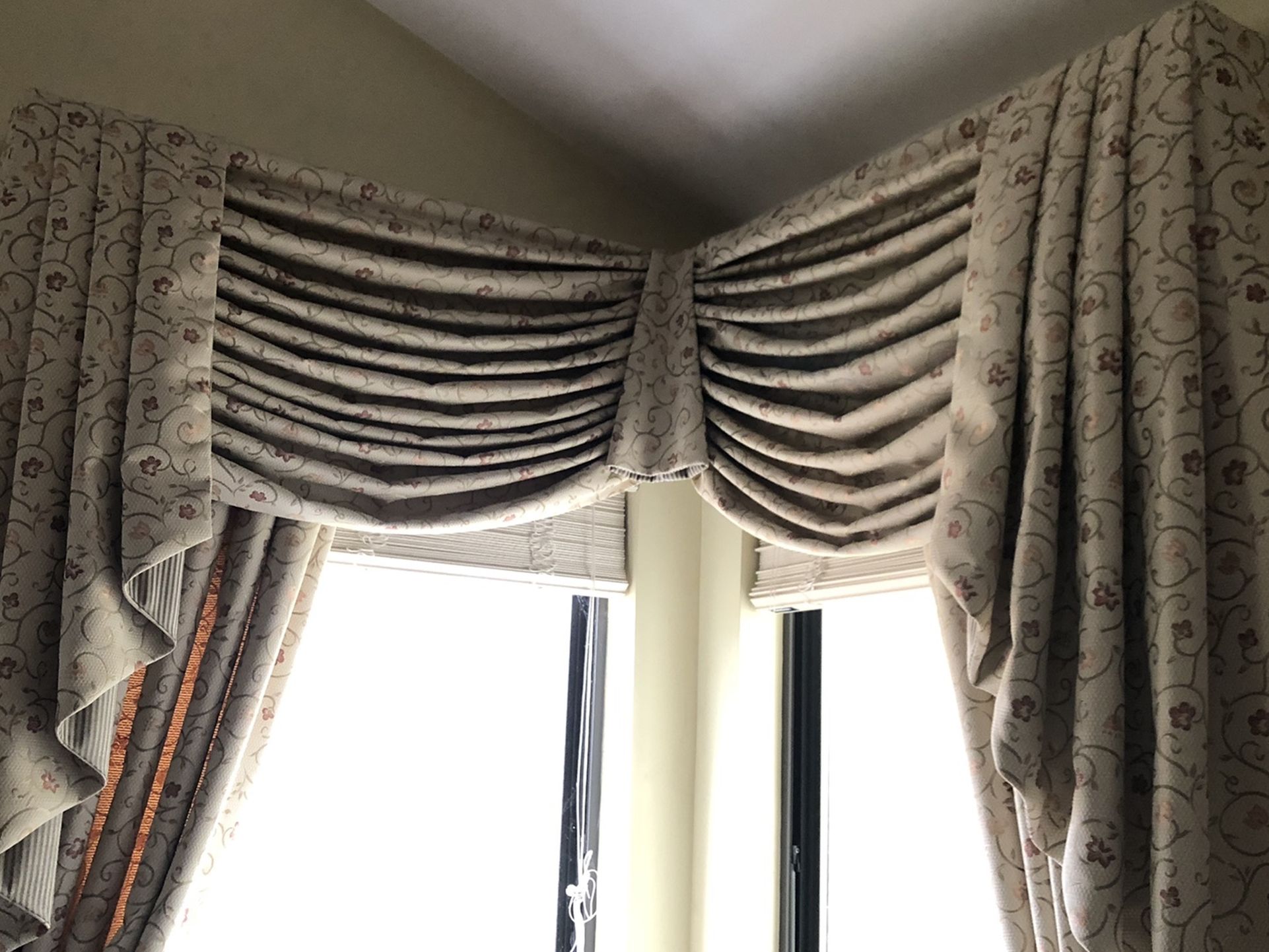 Custom Elegant Angled Sage Color Fabric Valance and Curtain Set Tassels Included