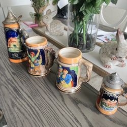 Set of 4 Vintage Hand Painted Ceramic Beer Steins Wales Germany Japan