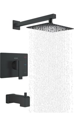 KENES Matte Black Tub Shower Faucet Set Complete with 10-Inch Rainfall Shower Head and Tub Spout, Square Tub and Shower Trim Kit, KE-6024A-2 (Shower V