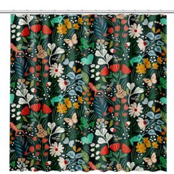 Brandnew Dark Botanical Shower Curtain with Butterflies, Tropical Jungle Design, Bees, and Frogs | Rich Green with Colorful Spring Blooms | Quick Dryi