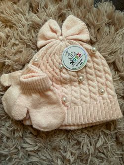 Warm Pink matching hat and gloves set