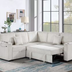 Beautiful! Ivory Sectional Sofa With Pull-out Bed & Storage  Brand New