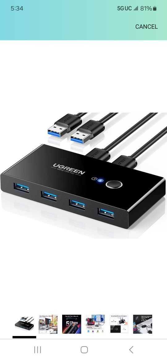 UGREEN USB 3.0 Switch Selector 2 Computers Share 4 USB 3.0 Ports KVM Switcher USB for PC Laptop Keyboard Mouse Printer Scanner One Button Switch Adapt
